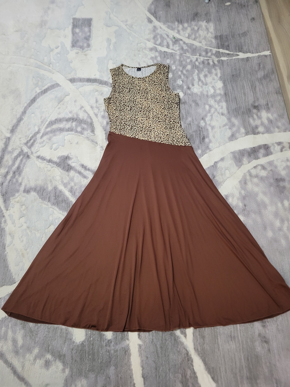 Sleeveless Brown Maxi Dress with Leopard Print Bodice - Size L